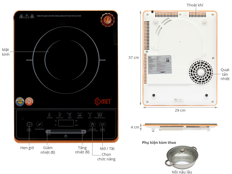 Bếp Điện Từ Cảm Ứng Comet CM5428 (2000W) - tặng kèm nồi lẩu - Hàng chính hãng