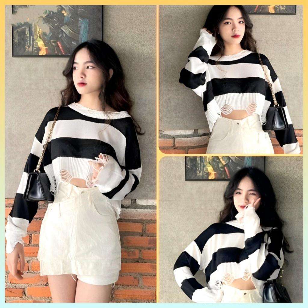 [L2M] Áo len nữ Montoghi dệt kim mỏng KIỂU RÁCH CROPTOP kẻ sọc phong cách cá tính