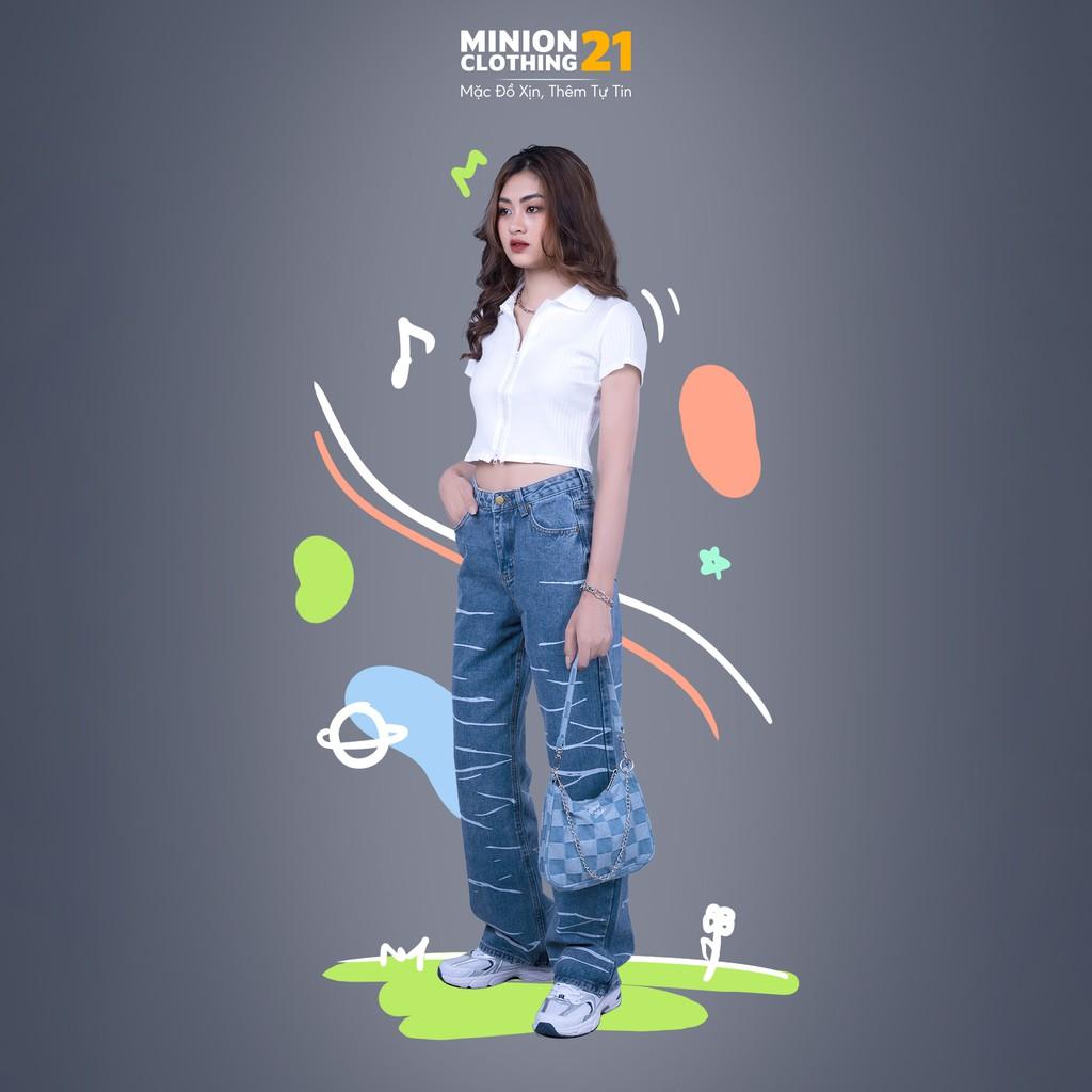 Quần jeans ống rộng sọc ngang ngựa vằn MINION CLOTHING lưng cạp cao bò Unisex nam nữ Ulzzang chất jean dày Q8605