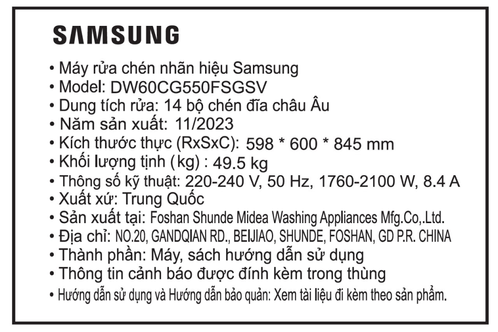 Máy rửa chén độc lập Samsung DW60CG550FSGSV -Hàng chính hãng