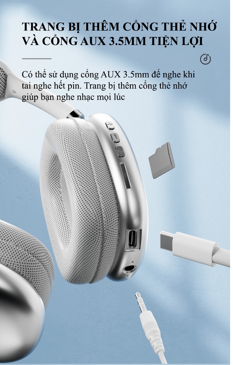 Tai nghe chụp tai P9 kết nối Bluetooth 5.1 xoay 360 độ có thể ghim thêm thẻ nhớ và cổng AUX 3.5mm - JL