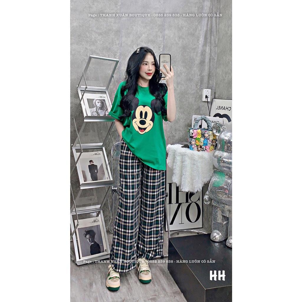 Set bộ nữ áo mickey + quần suông kẻ caro bigsize dễ thương cute