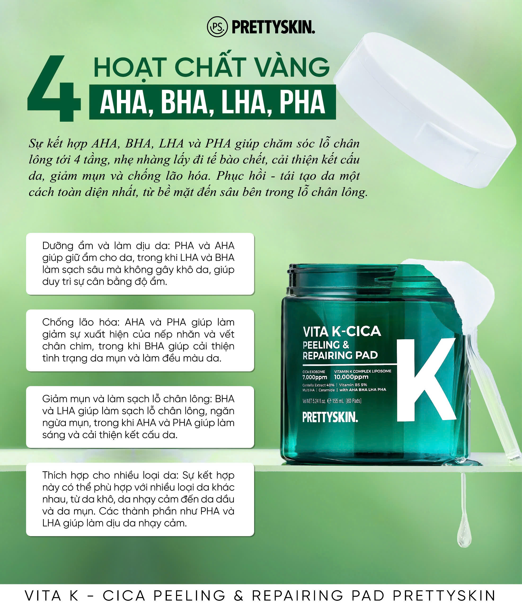 Toner Pad Vita K-Cica Peeling &amp; Repairing Pad Pretty Skin Hàn Quốc 80 miếng