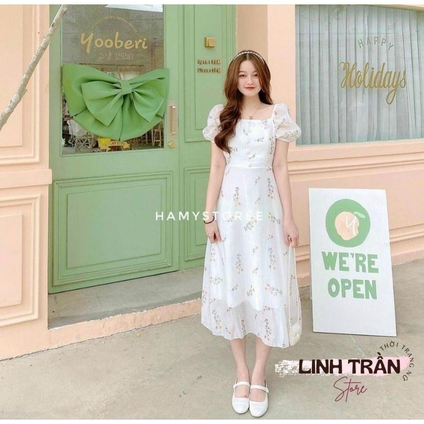 Đầm Midi Hoa Cổ Vuông Phối Ren Váy Hoa Dáng Midi Phối Ren Linh Trân Store