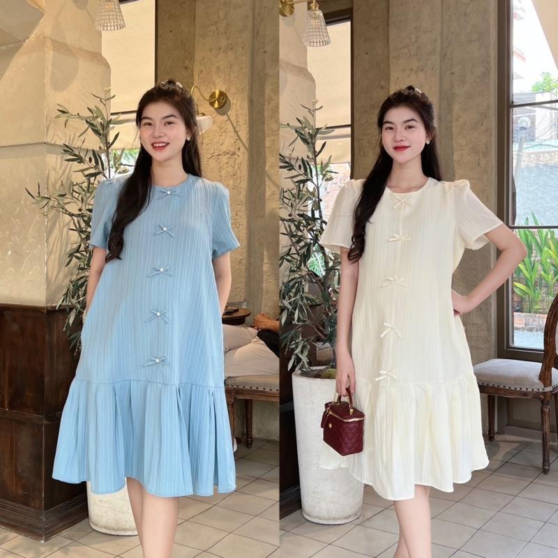 Đầm Bầu Đuôi Cá Xếp Ly Đính Nơ Ngọc Vải Xốp Hàn Xinh Xắn, Trẻ Trung - Xanh Biển