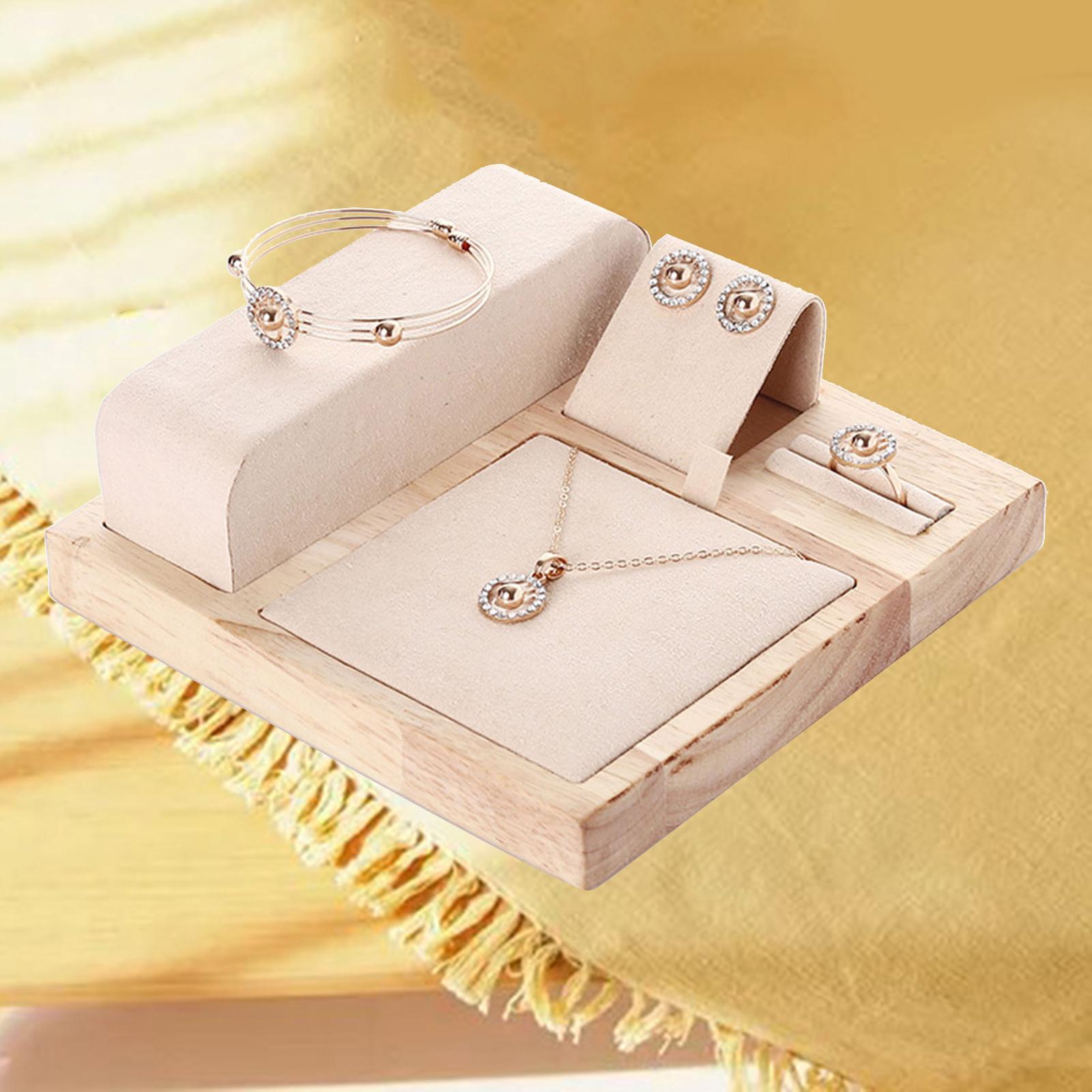Wooden Velvet Jewelry Set Display Stand Necklace Earrings Holder Beige