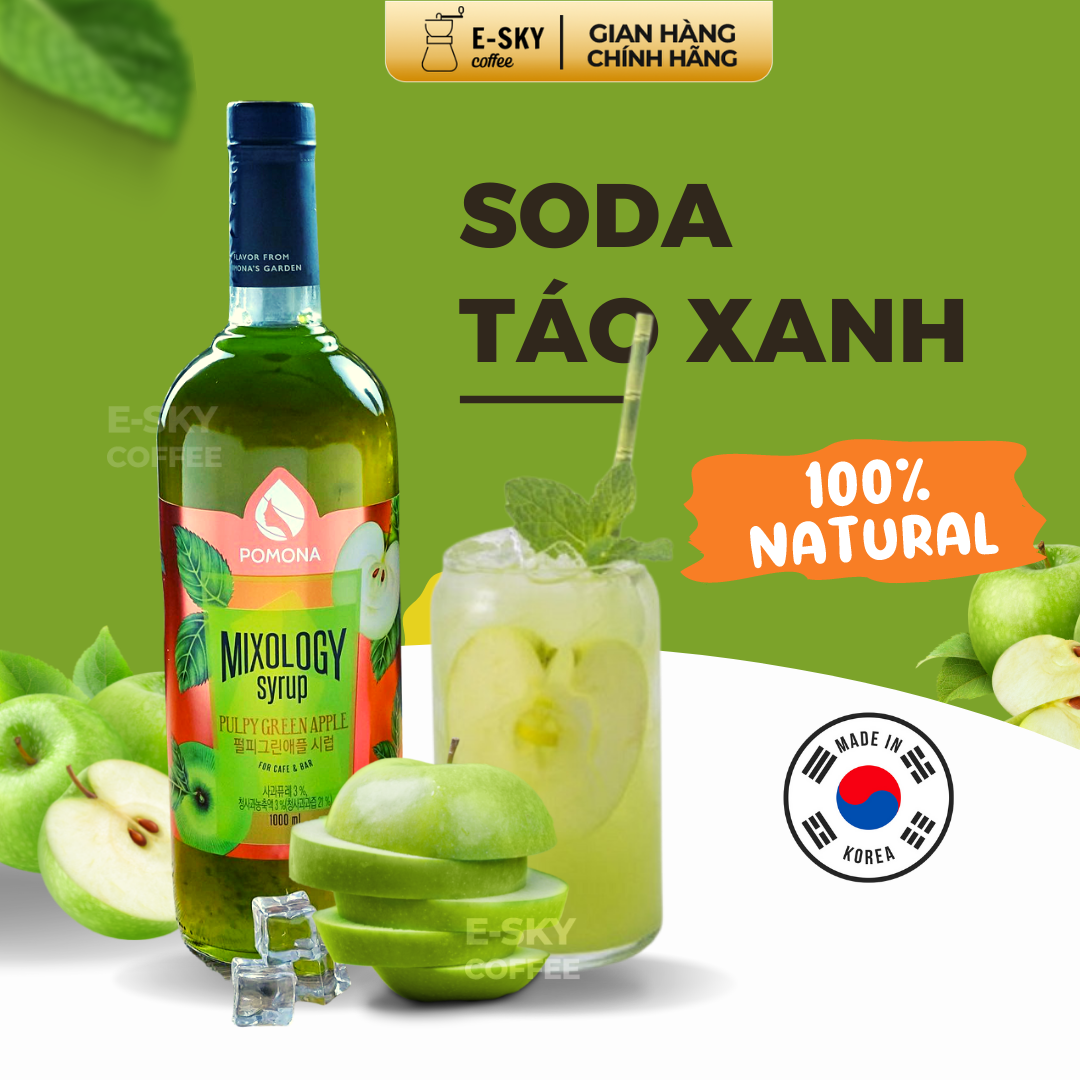 Siro Táo Xanh Pomona Pulpy Green Apple Syrup Nguyên Liệu Pha Chế Hàn Quốc Chai Thủy Tinh 1 Lít