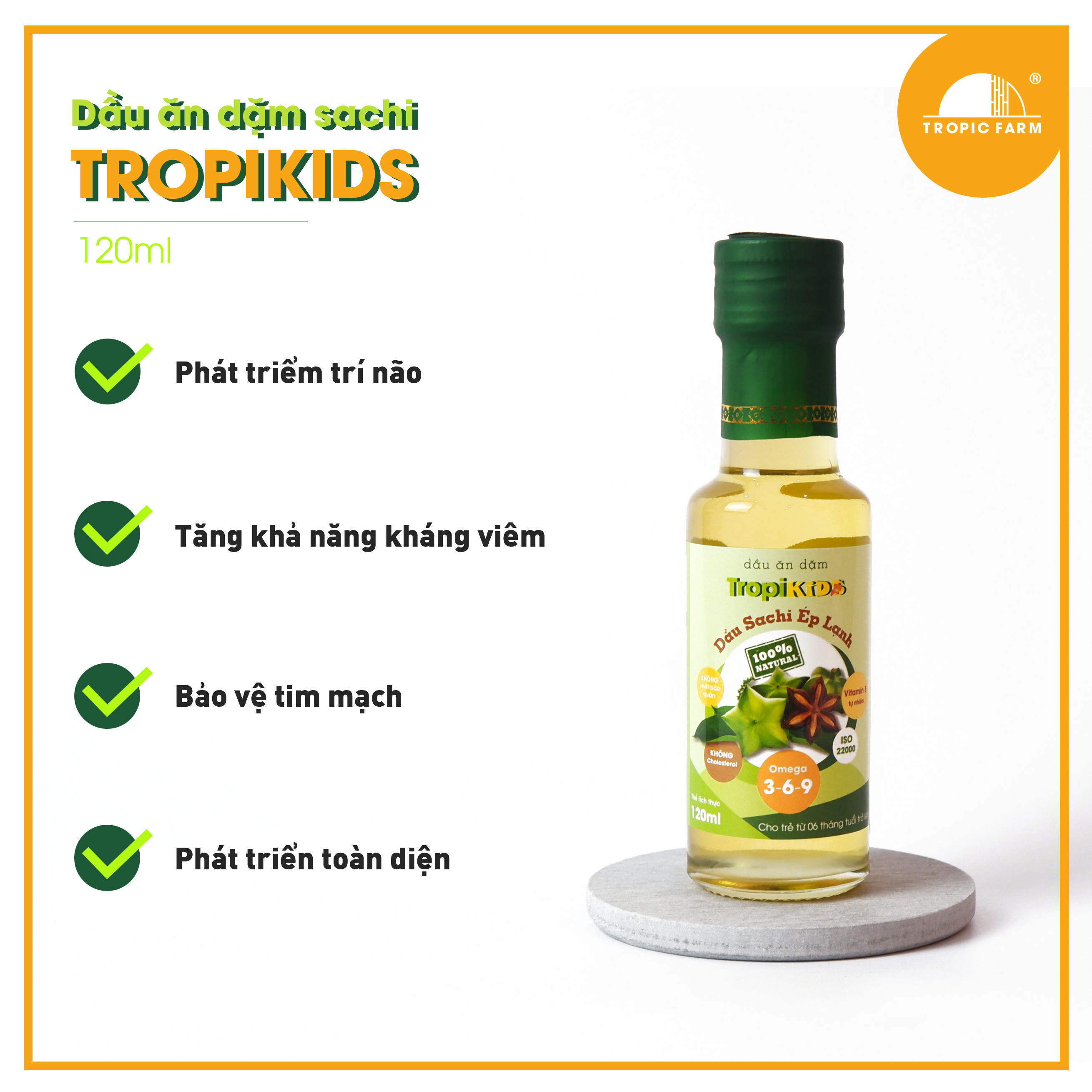 Dầu Sachi ăn dặm TropiKids cho bé từ 6 tháng tuổi - Bổ sung Omega 3-6-9 thực vật - Chai120ml