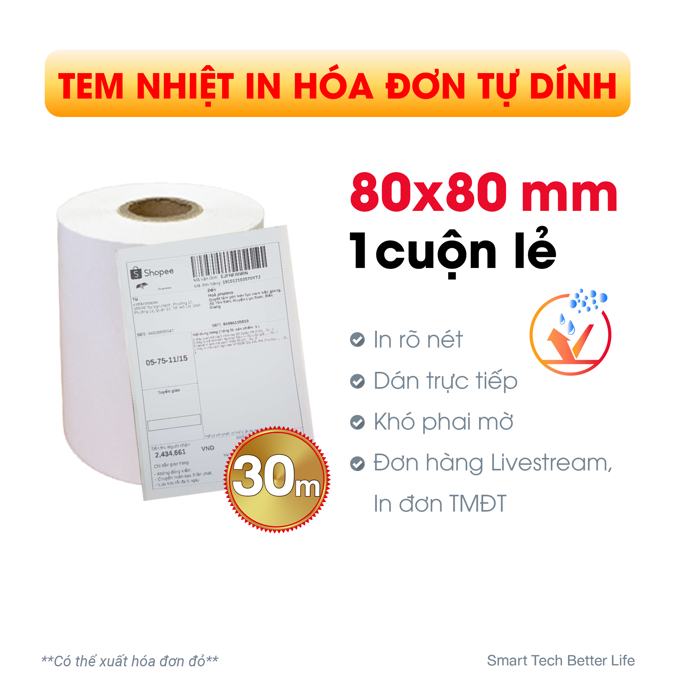 CUỘN LẺ - Tem nhiệt K80 liên tục, tem in đơn TMĐT, Giấy in hóa đơn tự dính 80mm xuyên suốt - Hàng chính hãng