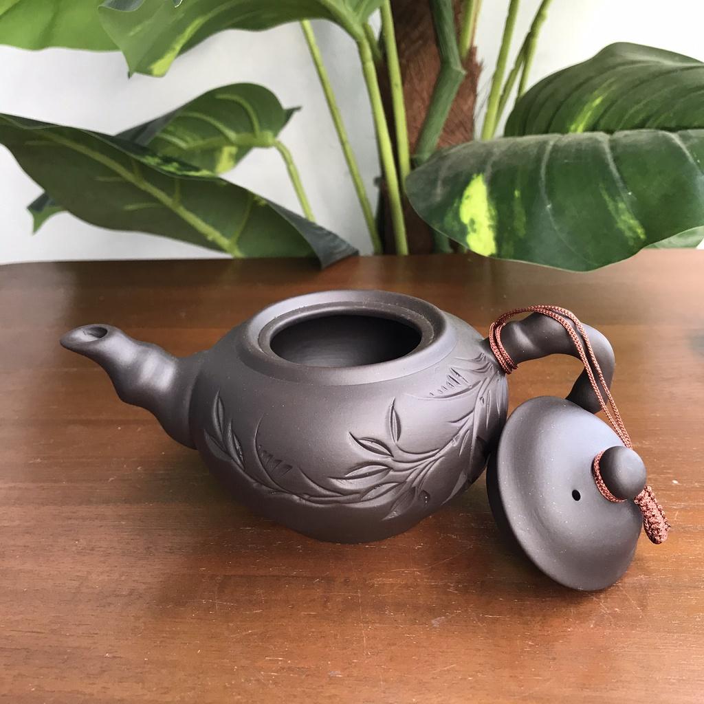 Bộ ấm chén trà đất nung Bát Tràng họa tiết cành trúc kèm phụ kiện