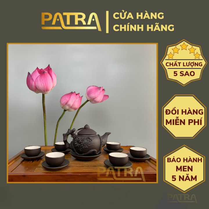 Bộ ấm chén uống trà cao cấp , bộ ấm trà Bát Tràng - trường sa hoa mai đắp nổi