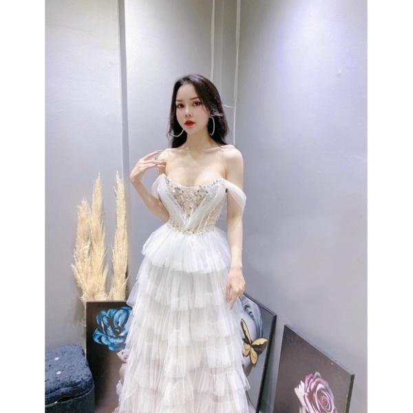 Đầm maxi ivy fashion xếp tầng trễ vai lưới kết đá pha lê - size S/M/L - MS237V đi biển dự tiệc dạo phố bigsize gợi cảm s