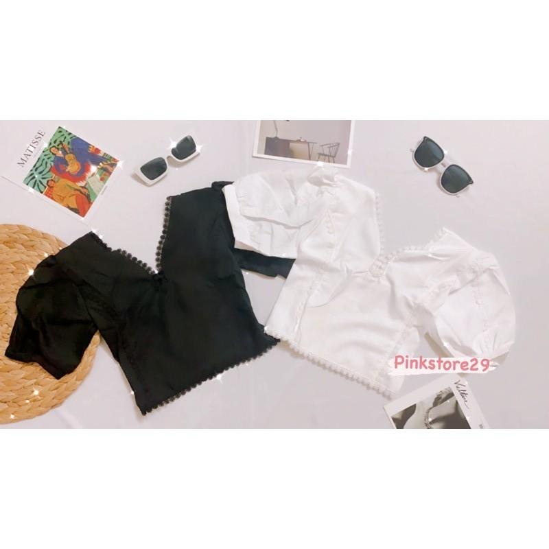 Áo croptop voan viền ren hoa tay phồng A5053