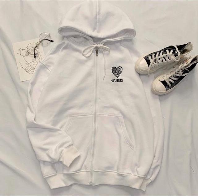 Áo khoác hoodie Heart Unisex Saranghae hình trái tim thêu chất nỉ bông dây kéo form rộng