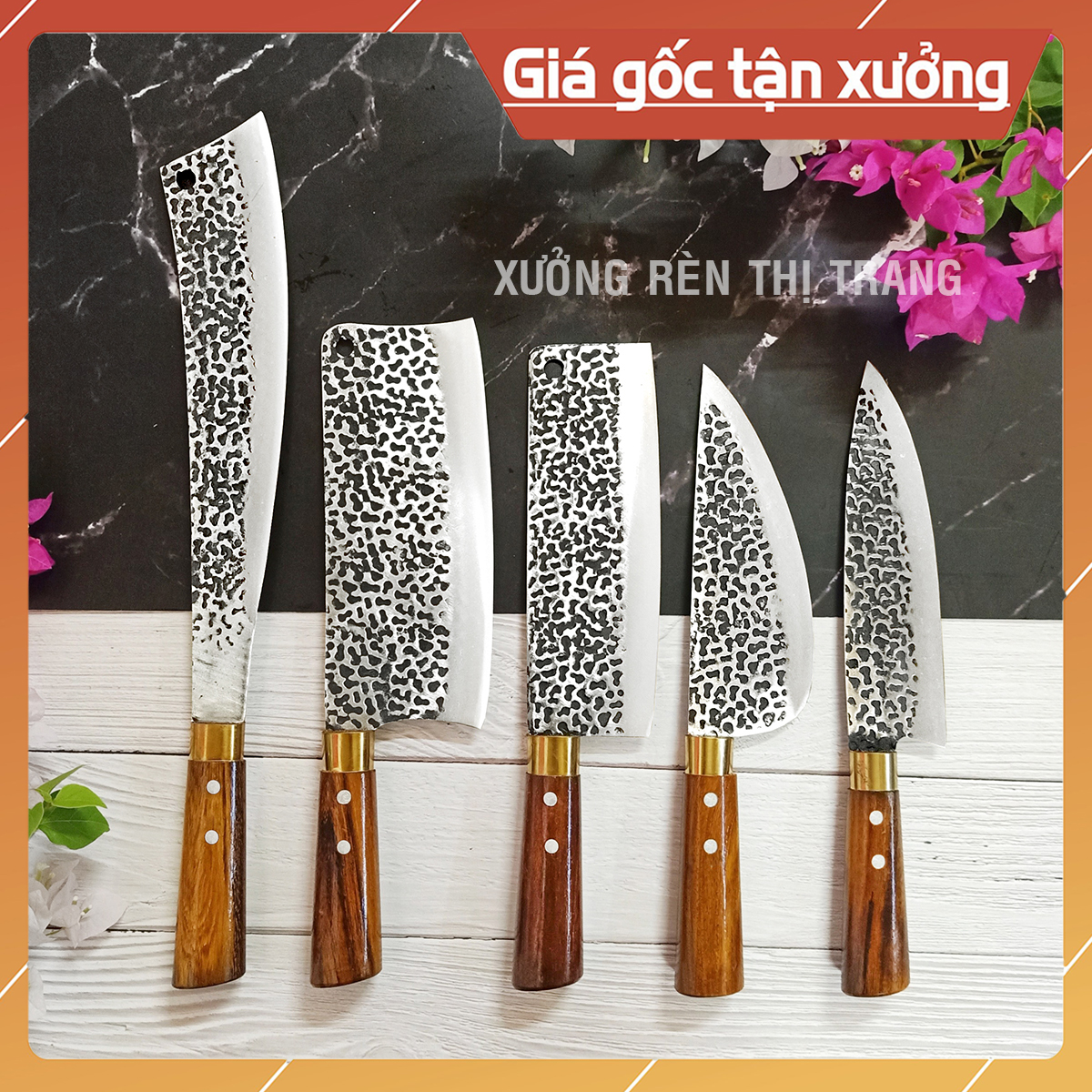 Bộ Dao Nhà Bếp Thép Nhíp Cao Cấp - 5 Dao Chặt Cây, Chặt Xương, Thái Lọc Thịt - Cán Gỗ Cẩm