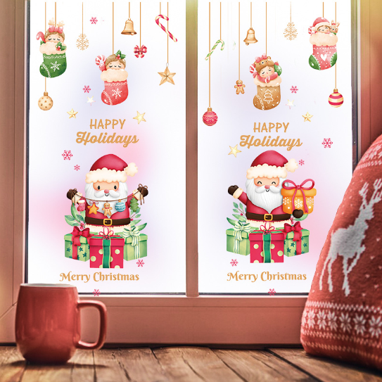 Decal trang trí Noel - Rèm dây vớ và 2 ông già noel nhỏ