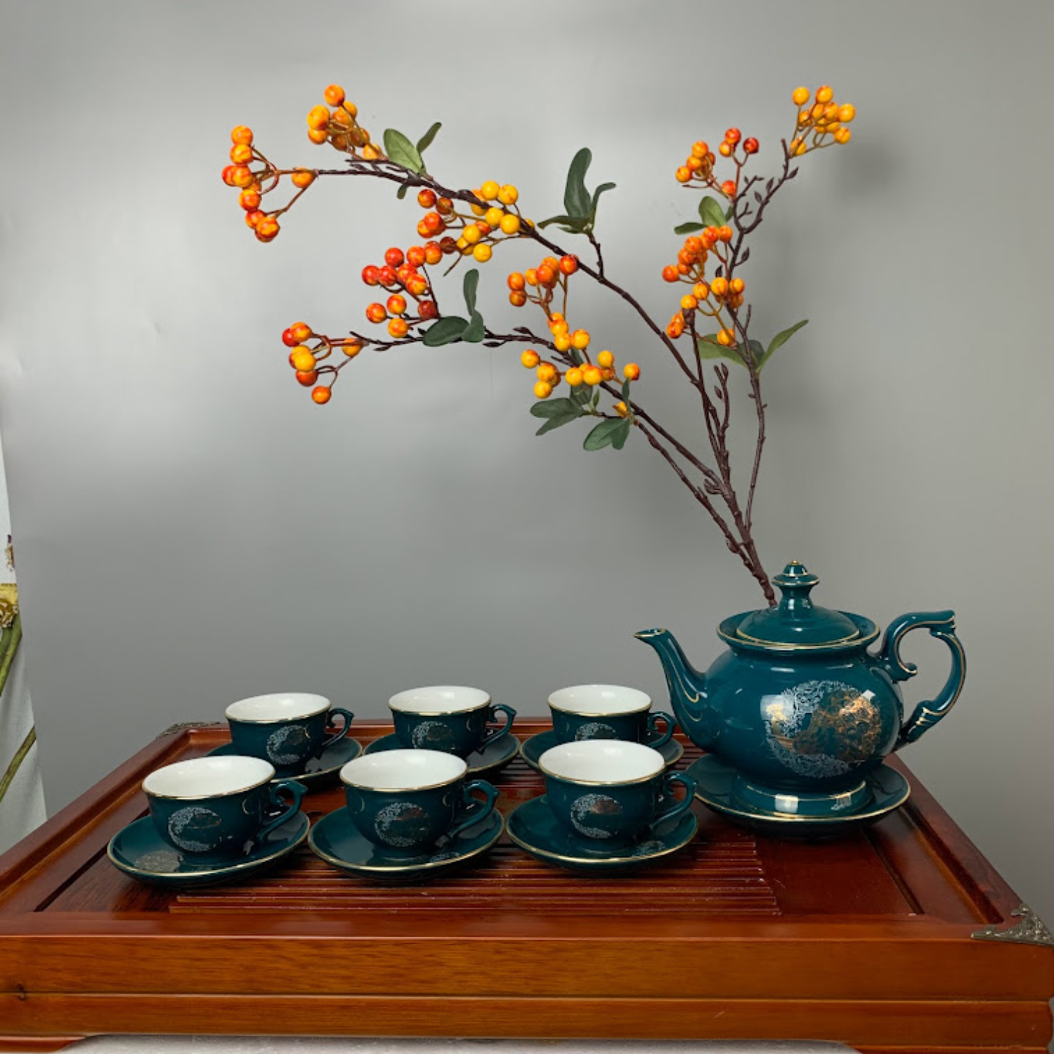 Bộ ấm chén uống trà cao cấp , bộ ấm trà Bát Tràng - phú hoàng điểu