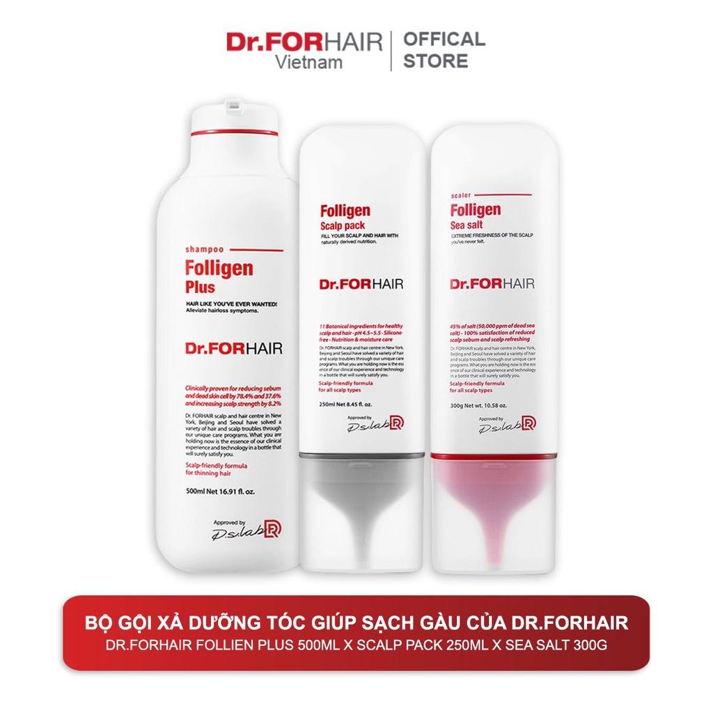 Bộ gội xả dưỡng tóc sạch gàu giảm rụng và suôn mượt tóc Dr.FORHAIR Folligen Plus 500ml x Scalp Pack 250ml x Sea Salt 300g