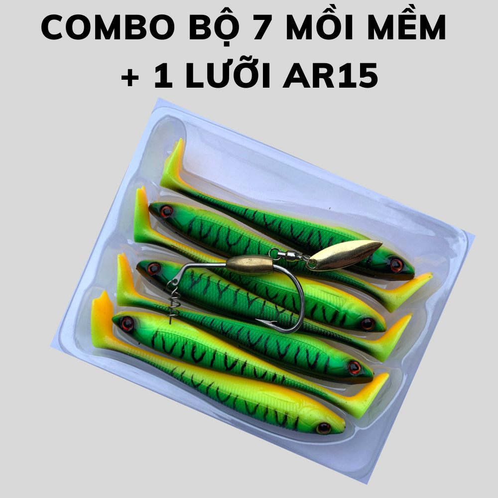 Combo bộ 7 mồi mềm nff KÈM 1 LƯỠI AR15, mồi mềm xanh tiger câu lure lóc cá chẽm, cá giả nff câu cá biển siêu nhạy