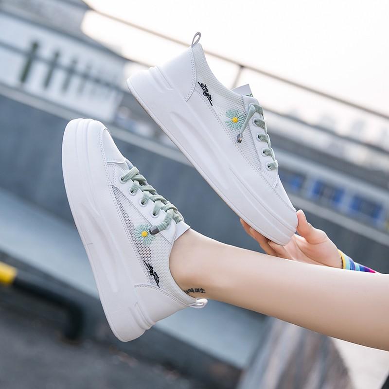 Giày thể thao nữ, sneaker nữ, giày trắng phối lưới thêu hoa cúc phong cách Hàn Quốc 2 màu - Tặng kèm tất