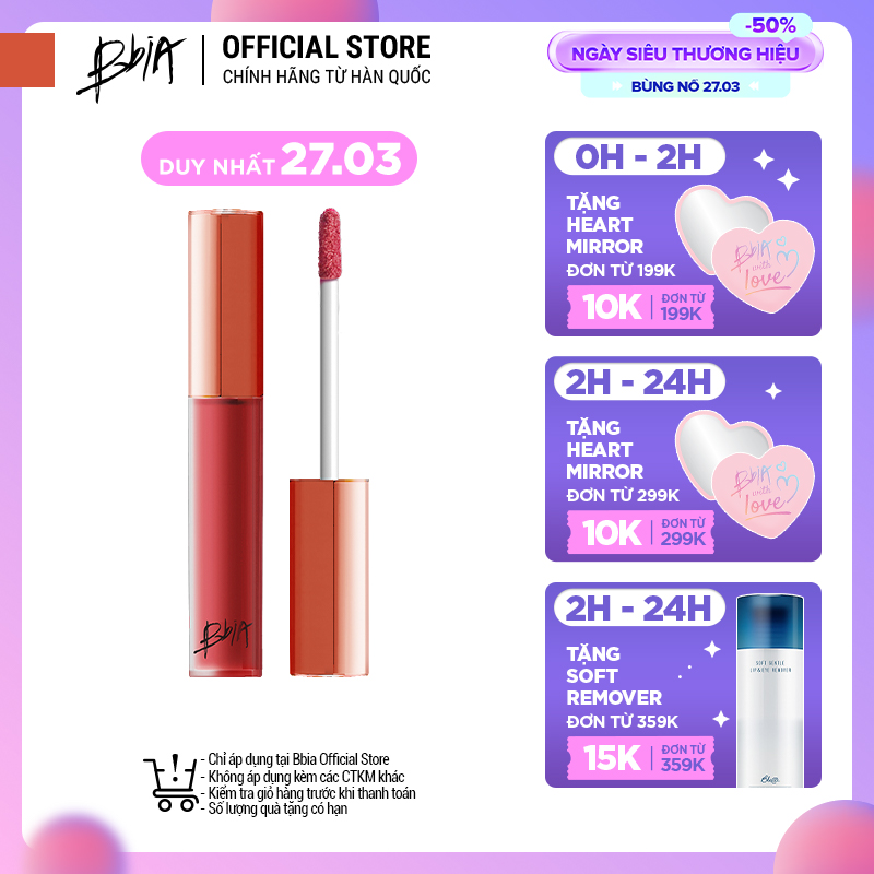 Son kem lì Bbia Last Velvet Lip Tint - 20 More Mature 5g (Màu hồng đỏ đất)