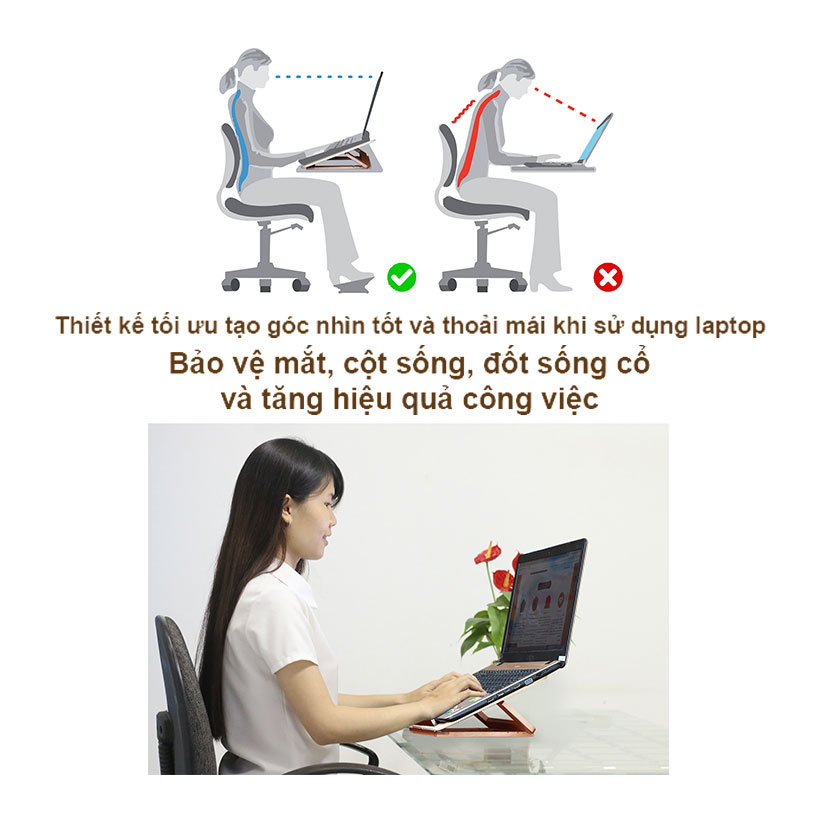 Kệ laptop thông minh có thể gấp gọn vào balô mang đi, kệ để laptop cho nhân viên văn phòng, giá kê laptop, giá đỡ laptop để bàn, kệ đỡ laptop bằng gỗ Nhatvywood NVLP05