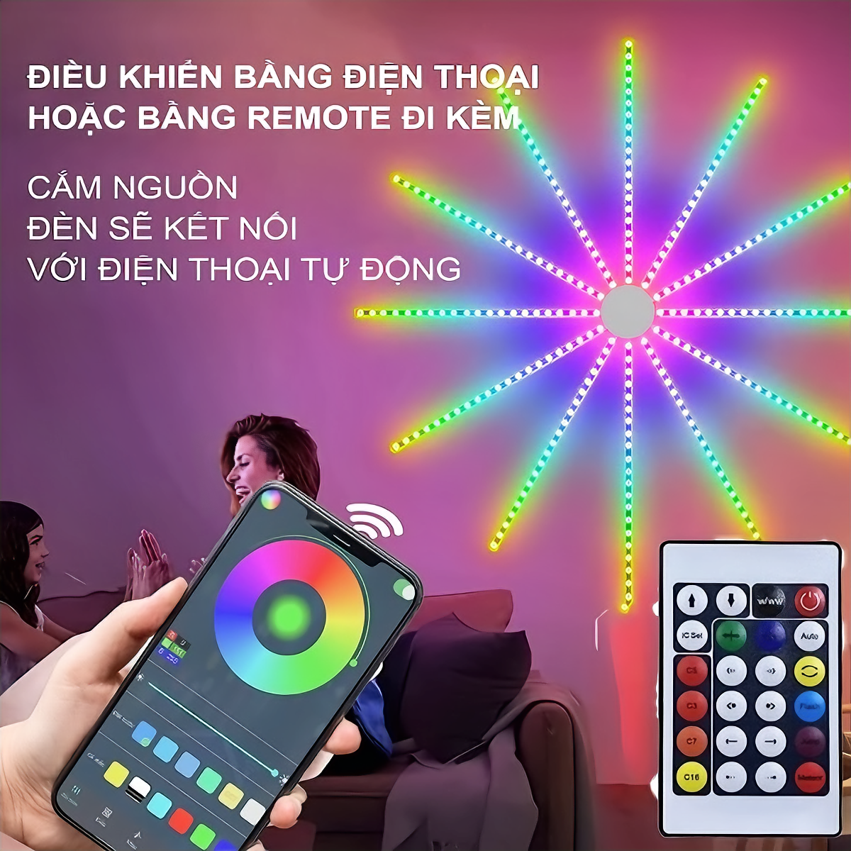 Dây đèn led KGLed Firework hiệu ứng mặt trời tỏa sáng hào quang, cảm ứng nhạc, điều khiển app và remote 180led- Hàng chính hãng