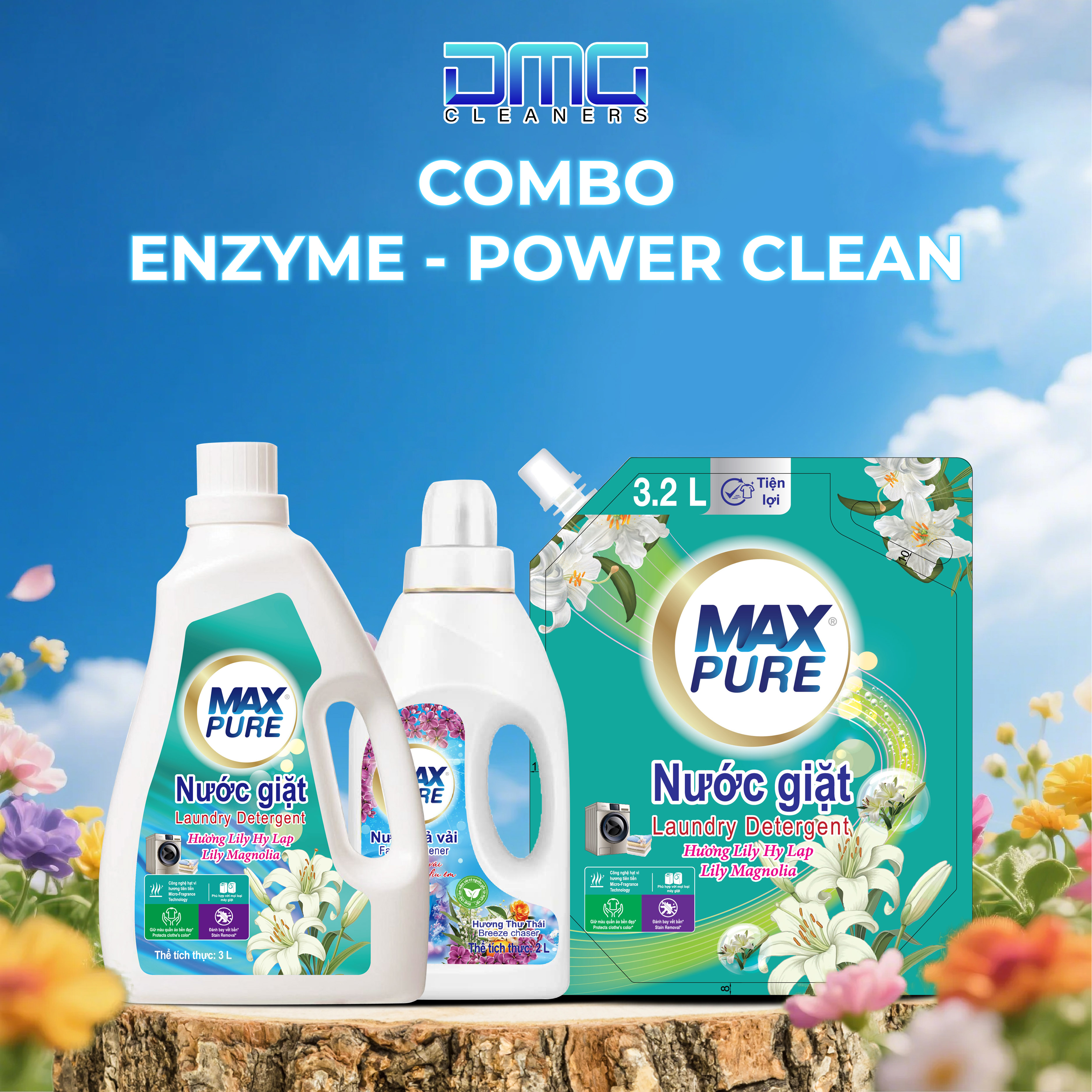 Combo Enzyme+ Power Clean Maxpure (Nước Giặt Hương Lily Hy Lạp) Gồm Chai 3L và Túi 3.2L + Chai Nước Xả 2L Hương Thư Thái