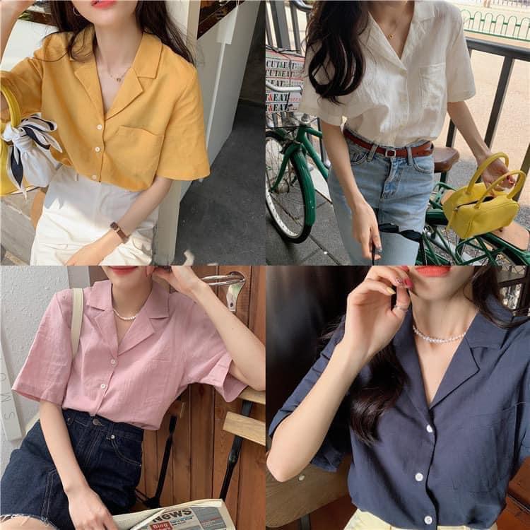 Áo sơ mi đũi tay ngắn, phong cách Hàn Quốc, màu xanh, vàng, hồng, trắng