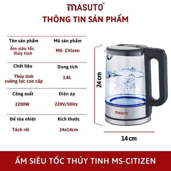 Ấm Đun Siêu Tốc MASUTO MS-CITIZEN Đun Cực Nhanh 2 Phút Sôi Công Nghệ Nhật Bản Dung Tích 1.8L Công Suất 2200W - Hàng Chính Hãng