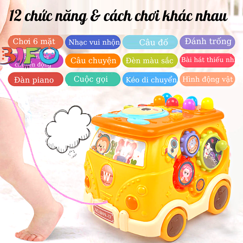 Hộp nhạc đa năng đồ chơi giáo dục sớm cho bé có hình ô tô bus và hình khối 6 mặt Đàn Trống Nhạc Xếp hình Đàn hồi Mê cung