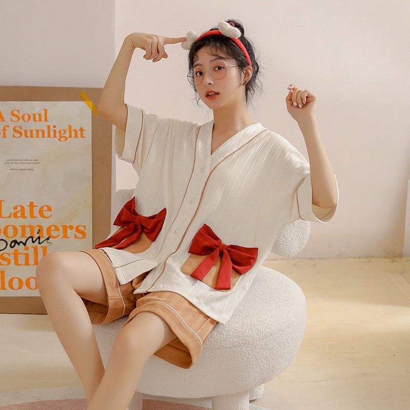 Bộ Ngủ Cộc Tay Quần Sooc Cotton- Đồ Ngủ Cổ V Cài Khuy Mềm Mại Hàng Loại Đẹp