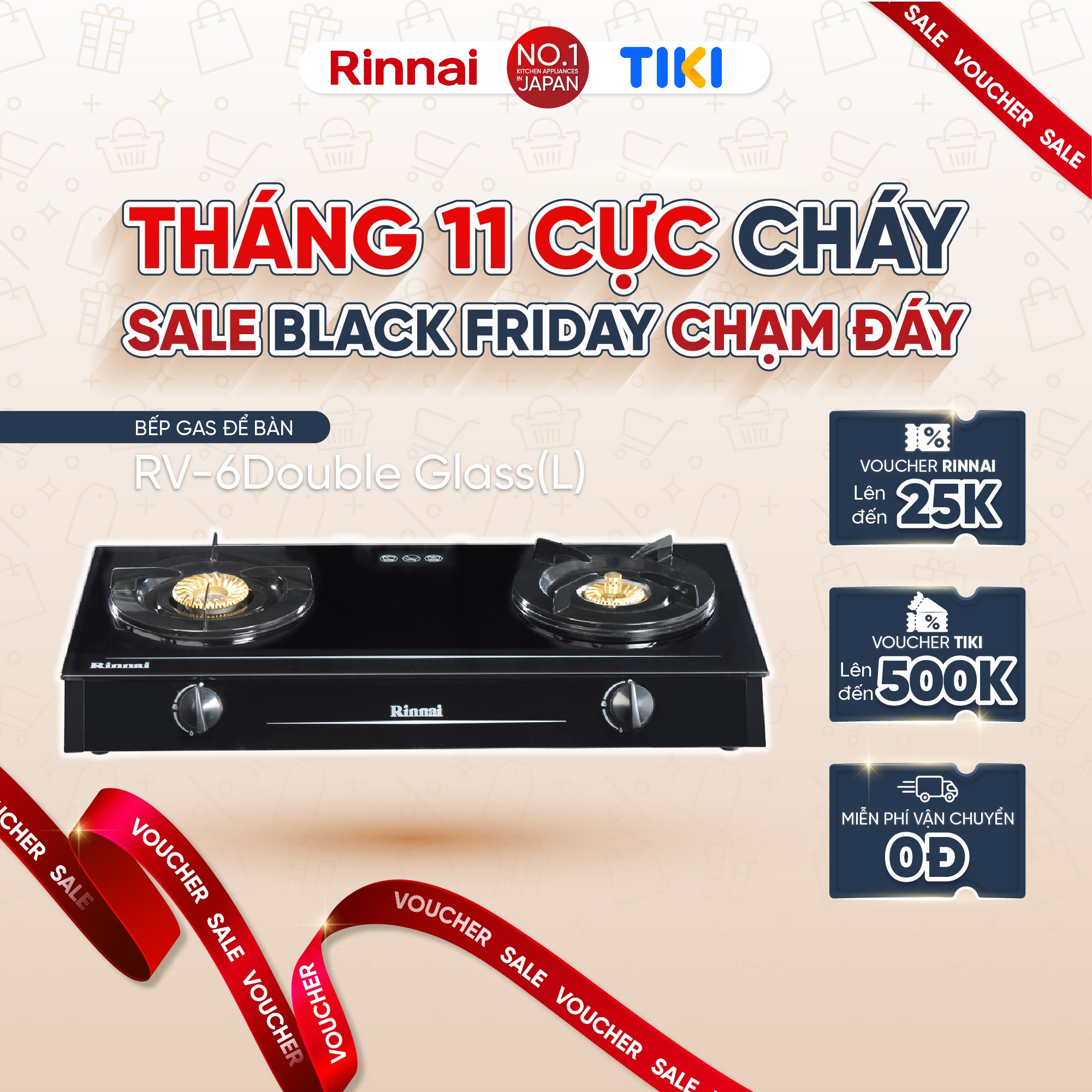 Bếp gas dương Rinnai RV-6Double Glass (Sp) mặt bếp kính và kiềng bếp men - Hàng chính hãng
