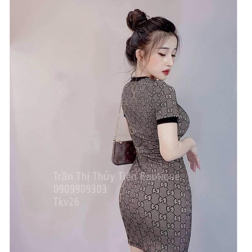 Đầm body thun hoạ tiết viền tay phom chuẩn đẹp