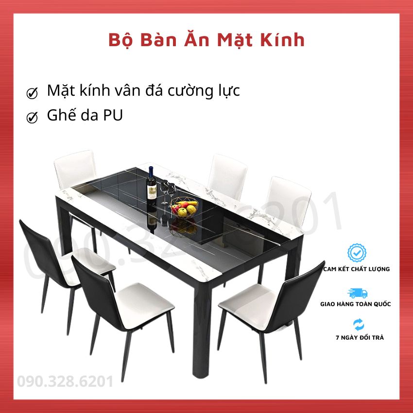 Bộ Bàn Ăn Ghế Da Cao Cấp, Mặt Kính Cường Lực, Bộ Bàn Ăn Tiết Kiệm Diện Tích