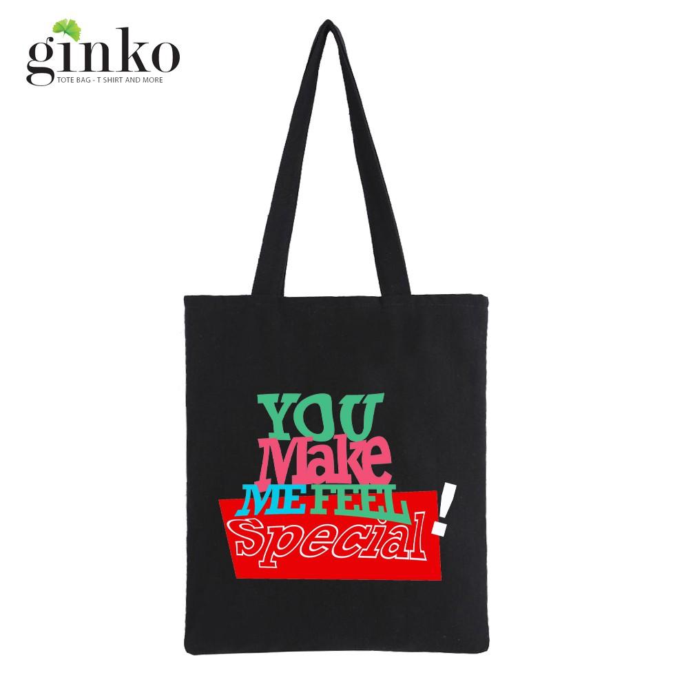 Túi Tote Vải Canvas Ginko kiểu basic có dây kéo khóa miệng túi đựng vừa laptop 14 inch và nhiều đồ dùng khác Phong Cách ulzzang Hàn Quốc In Hình You Make me Special B38