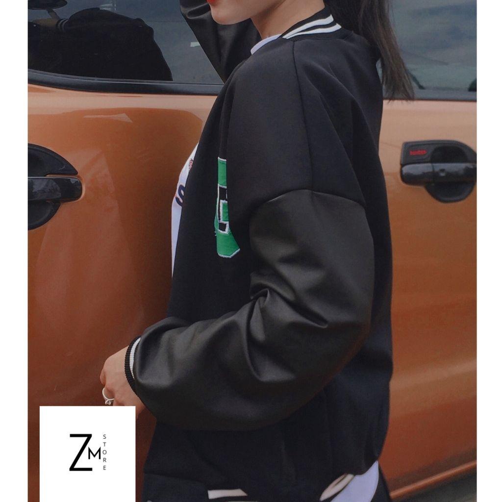 Áo Khoác Bomber Chữ G Xanh Phối Tay Da Unisex Phông Cách Trẻ Trung Năng Động Cá Tính ZMstore