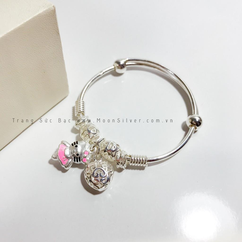 Lắc tay, vòng tay bạc cứng trẻ em hình con mèo, charm mèo kitty cho bé gái chuẩn bạc ta 999