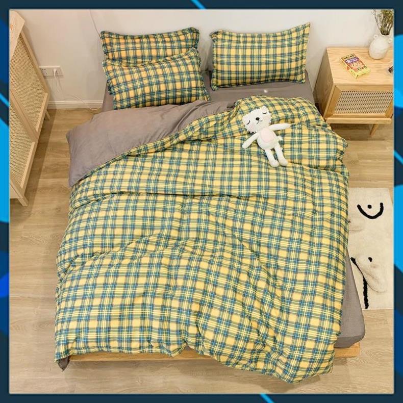 Bộ chăn ga Cotton Poly kẻ xanh vàng, vỏ chăn mền, drap giường và 2 vỏ gối