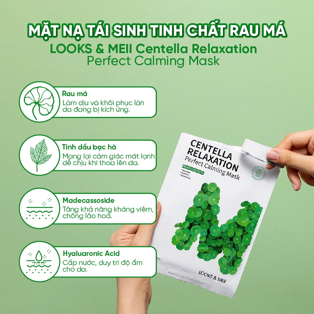 1 Miếng Mặt Nạ Tái Sinh Tinh Chất Rau Má Cho Da Dầu Mụn LOOKS & MEII Centella Relaxation Perfect Calming Mask