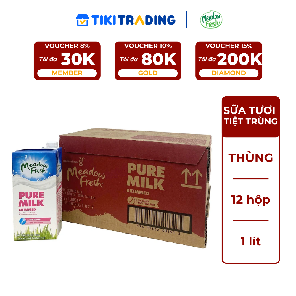 Thùng 12 hộp sữa tươi tiệt trùng tách béo Meadow Fresh 1L hàng New Zealand