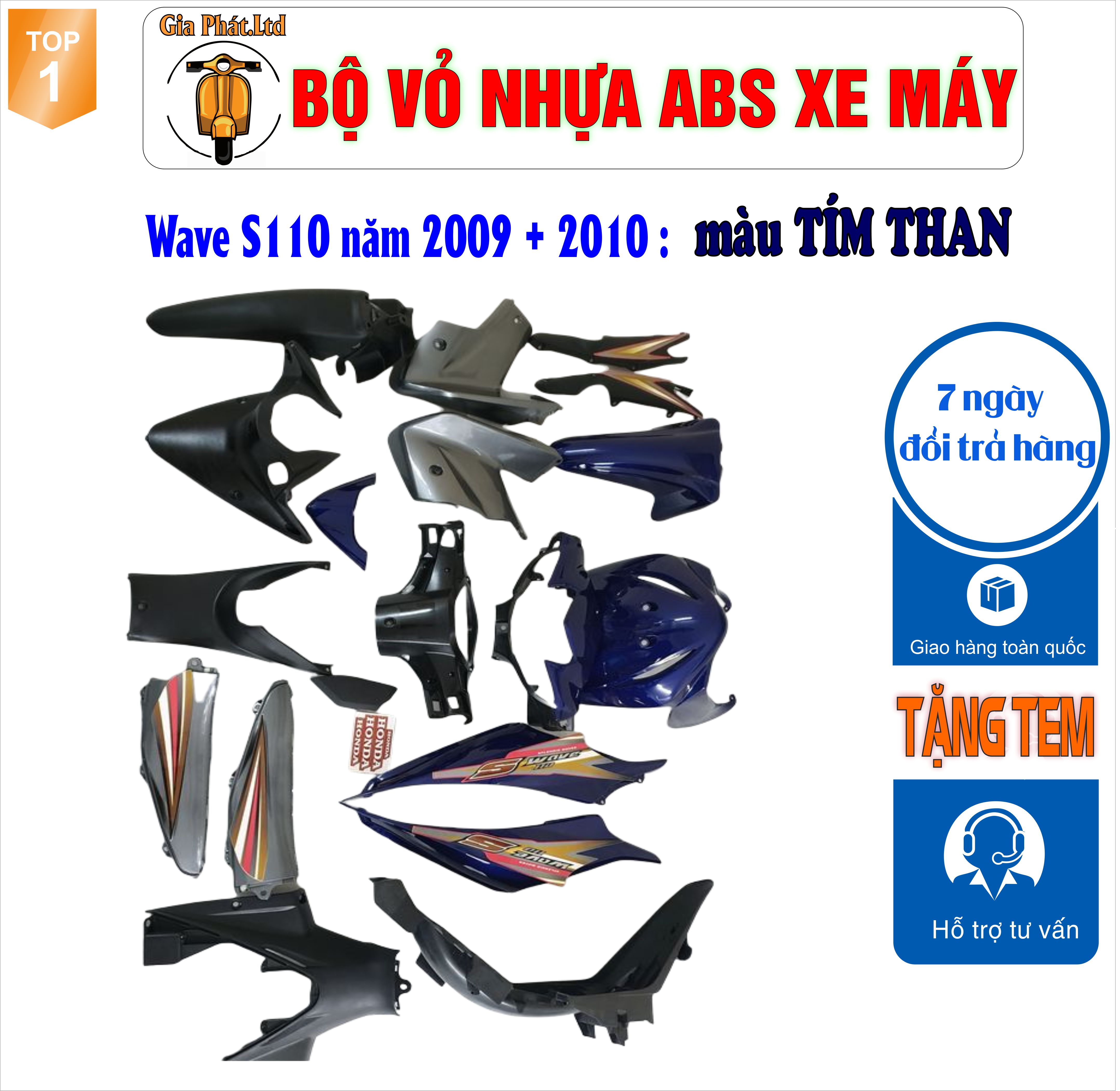 [Tặng tem] Bộ dàn áo xe WAVE S110 - RS110 màu XANH TÍM THAN , nhựa ABS nguyên sinh-TKB-1545-2345