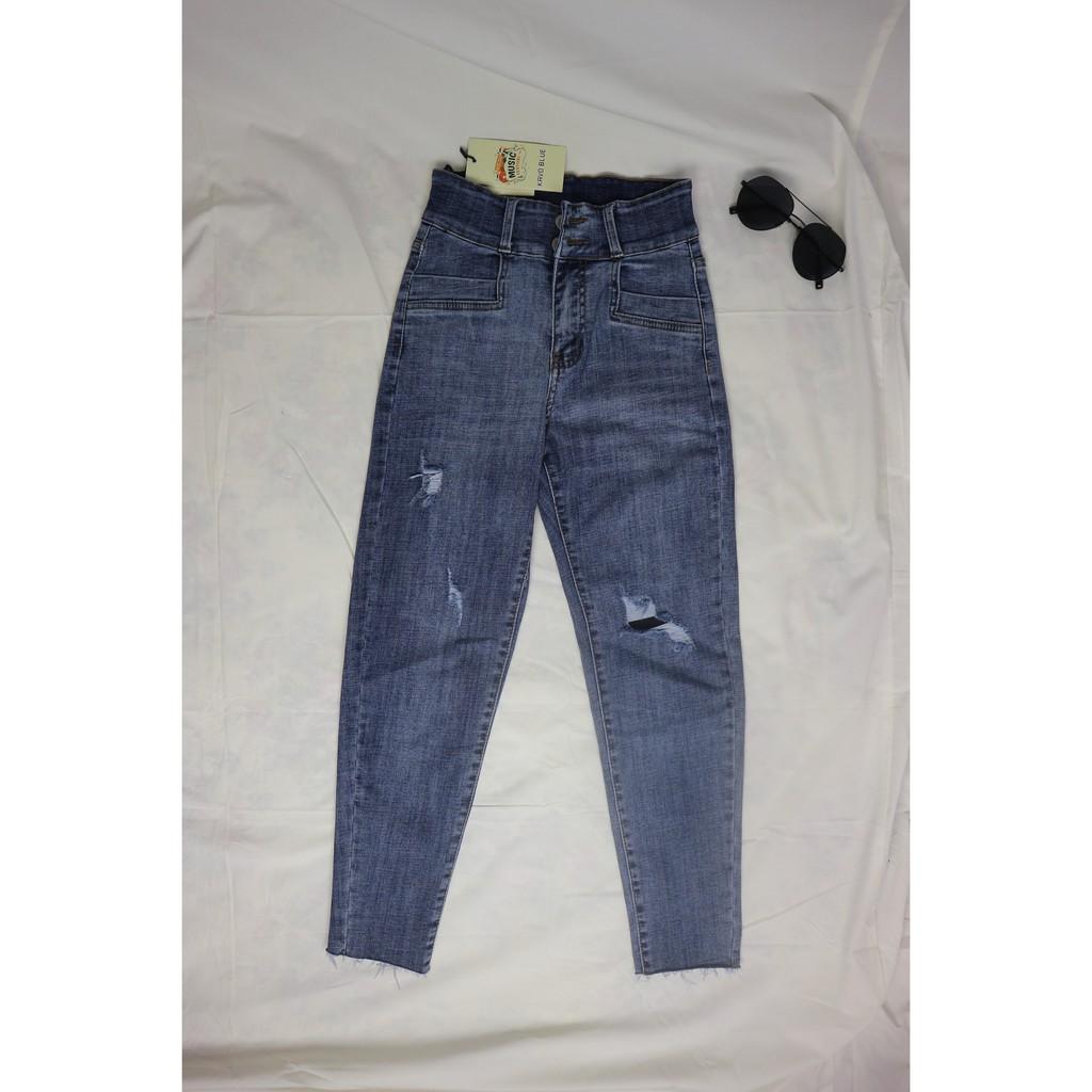 Quần Baggy jean xước, cạp cao, 2 cúc ️̀ ̂́️ co giãn 4 chiều, hiệu ứng kéo dài chân