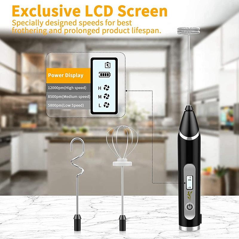 Bọt Sữa, Màn Hình LCD Cà Phê Frother 3 Đầu Điện Đánh Với 3 Tốc Độ Điều Chỉnh USB Sạc Cầm Tay Máy Tạo Bọt