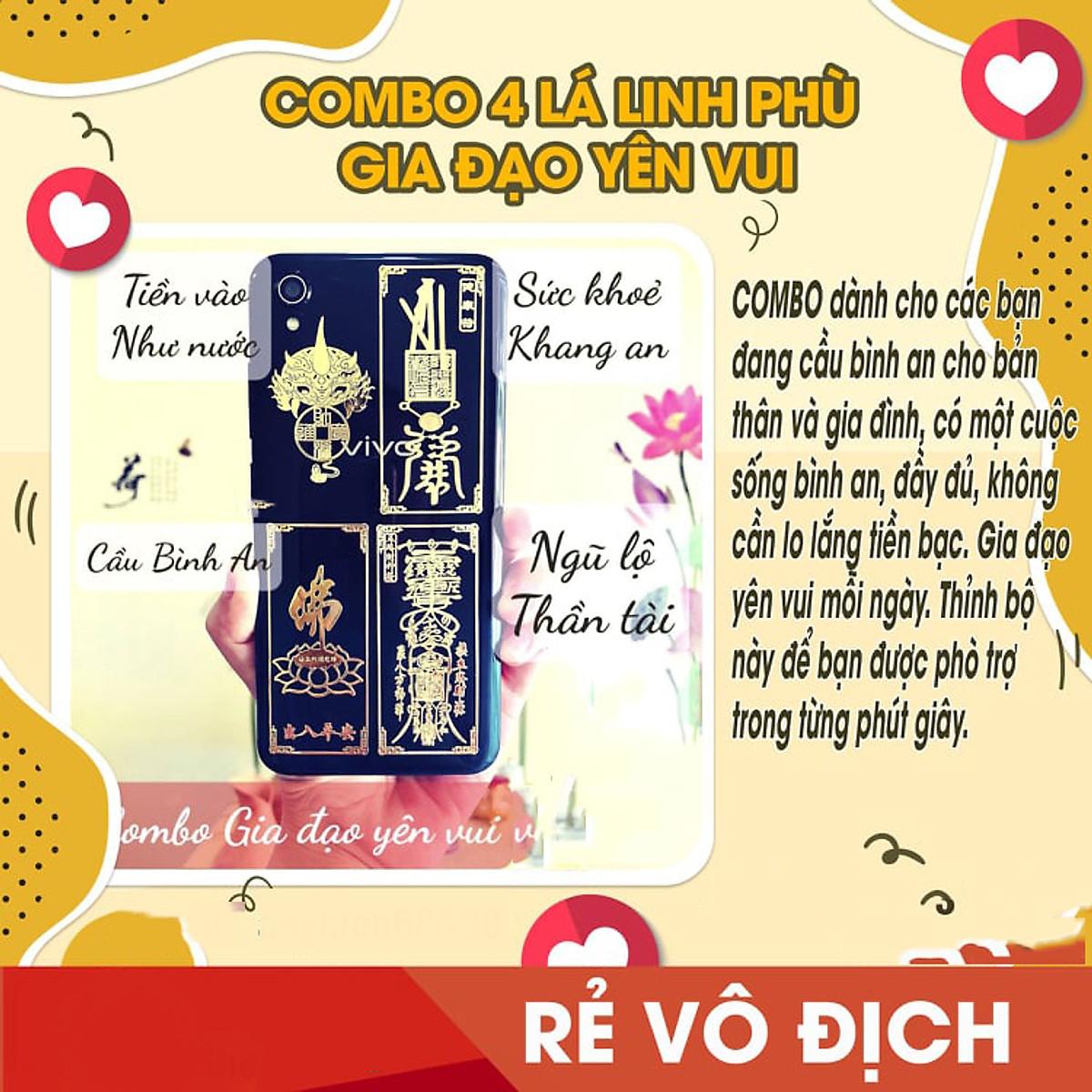 Combo 4 miếng linh phù gia đạo yên vui TIỀN VÀO NHƯ NƯỚC - SỨC KHỎE - CẦU BÌNH AN - NGŨ LỘ THẦN TÀI , linh phù dán điện thoại đẹp lung linh