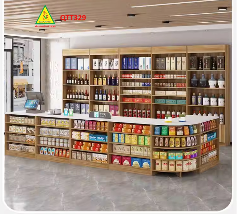 Hình ảnh Quầy tính tiền, Bàn thu ngân cho cửa hàng tiện lợi, siêu thị mini, shop với thiết kệ hiện đại QTT329A