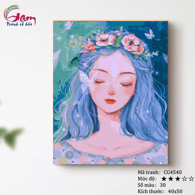 Tranh số hoá cô gái dễ thương mới lọ màu to 5ml + 2 bộ cọ + khung 2.5cm CG4540