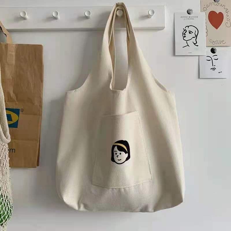 Túi tote vải canvas đi học đi chơi có túi nhỏ xinh in Girl băng đô AH1635