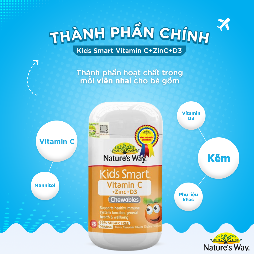 Viên Nhai Nature’s Way Kids Smart Vitamin C+ZinC+D3 Chewable Tablets Cho Bé Phát Triển Toàn Diện 75 Viên