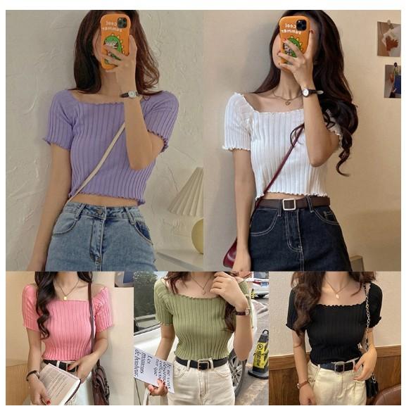 Áo Croptop Dệt Kim Tay Ngắn Thiết Kế Trễ Vai Nữ Tính (Hàng QC có sẵn